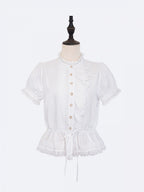 White Single-Sided Ruffles Elegant Lolita Blouse with Drawstring Belt | CoyBunny