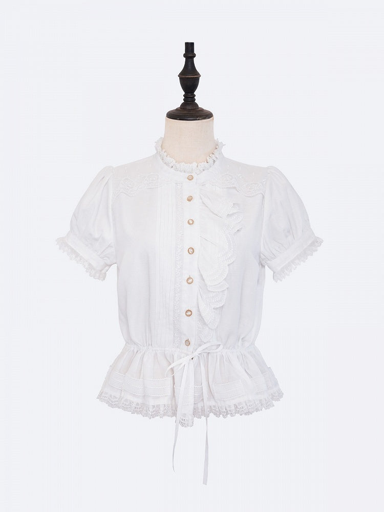 White Single-Sided Ruffles Elegant Lolita Blouse with Drawstring Belt | CoyBunny