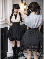 Black Off-White Color Block Lolita Short Dress with Rhinestone Necktie