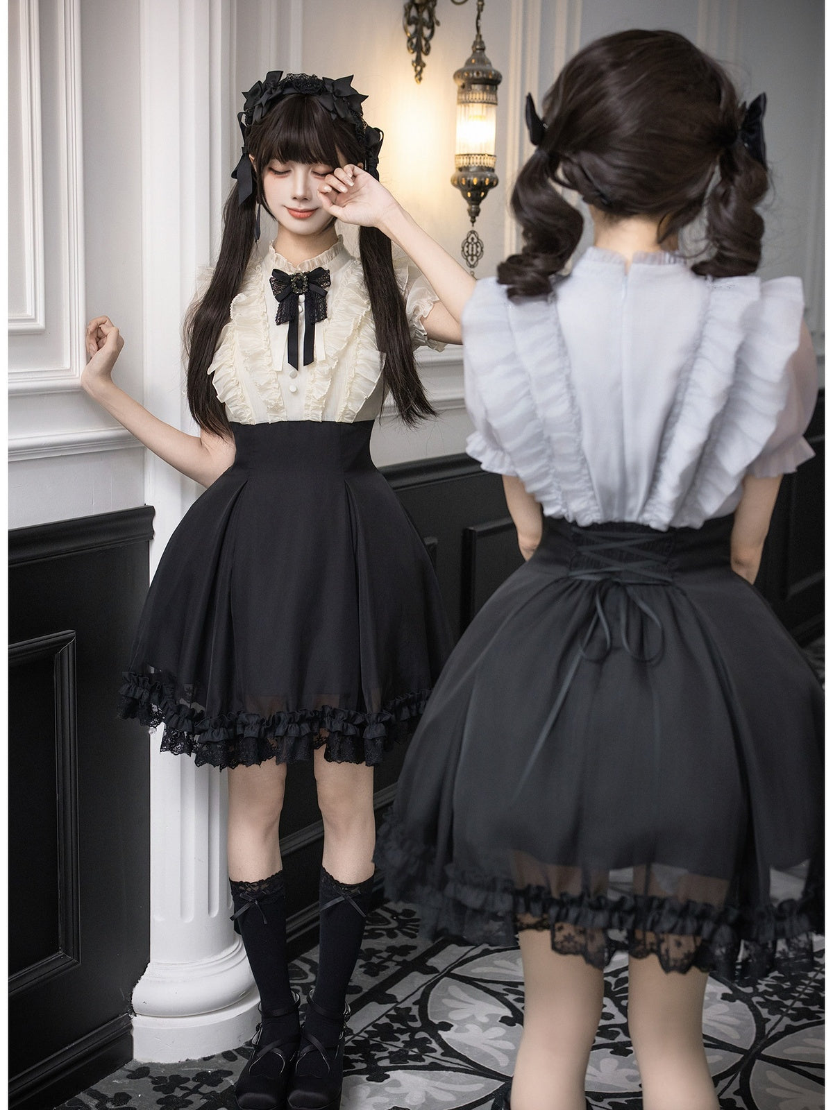 Black Off-White Color Block Lolita Short Dress with Rhinestone Necktie