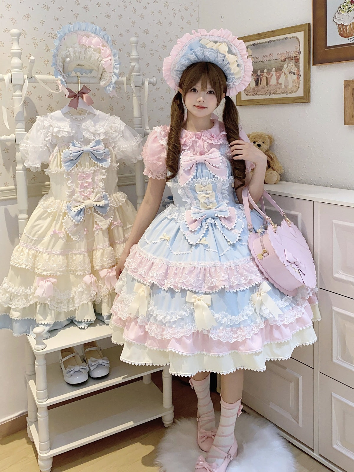 Cute Blue Pink Lolita JSK Dress Set with Bonnet | Sweet Gown