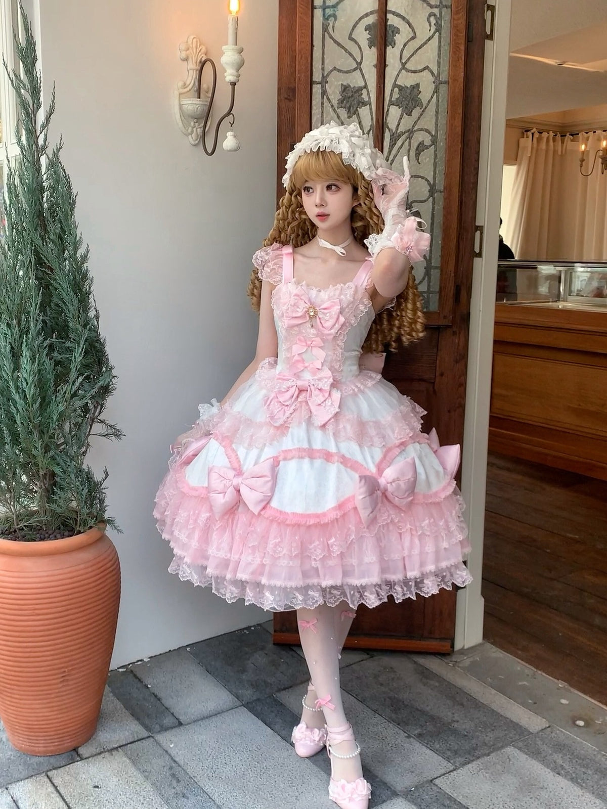 Pink & White Lolita JSK Dress with Train & Headband Set