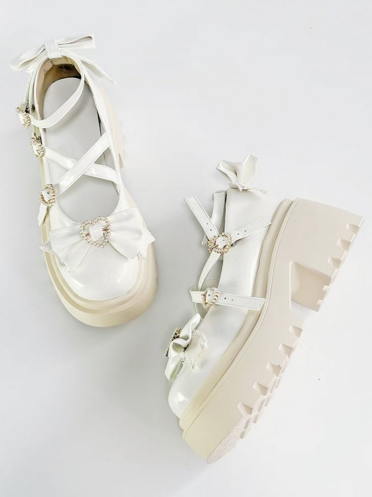 White Platform High Heels with Heart Buckle and Bow - Rainie Dream | CoyBunny