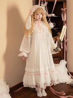 White & Pink Lace Lolita Dress with Bow - Tan Tuan | CoyBunny