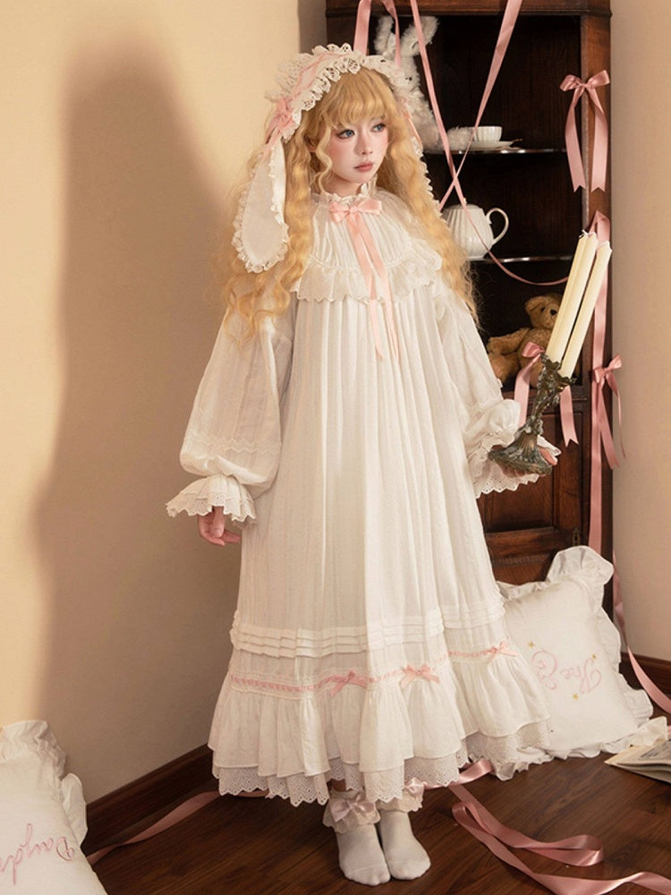 White & Pink Lace Lolita Dress with Bow - Tan Tuan | CoyBunny