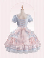 Short Sweet Lolita Princess and Details Bows Pink Blue Striped Dress Bead Sleeves - Mademoiselle | CoyBunny