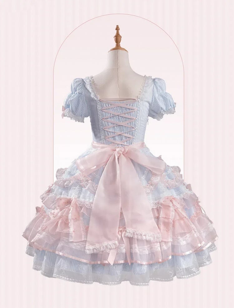 Short Sweet Lolita Princess and Details Bows Pink Blue Striped Dress Bead Sleeves - Mademoiselle | CoyBunny