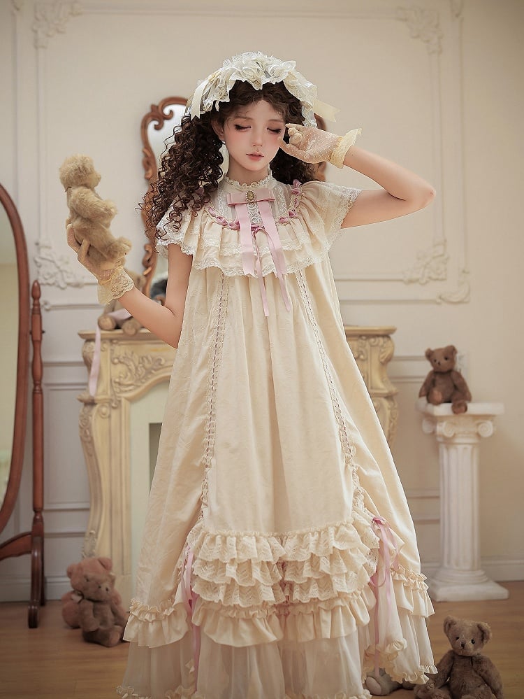 Beige Rosette Jacquard OP Dress with Ruffles - With PUJI | CoyBunny