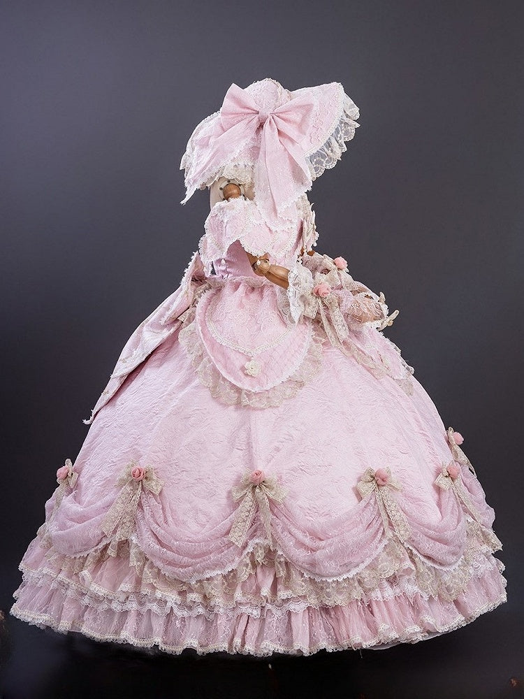 Pink Off-Shoulder Lolita Lace Gown with Ruffles and Bows - Hinana Queena | CoyBunny