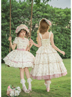Embroidered Lolita OP Set with Pink Flat Hat & Belt