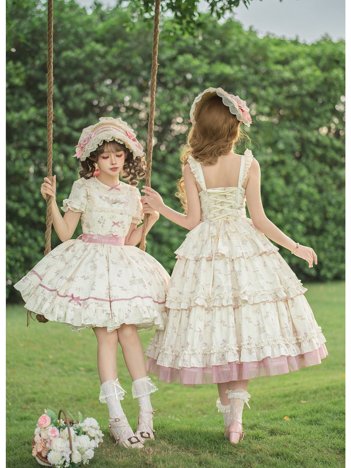 Embroidered Lolita OP Set with Pink Flat Hat & Belt
