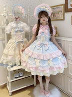 Cute Blue Pink Lolita JSK Dress Set with Bonnet | Sweet Gown