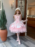 Pink & White Lolita JSK Dress with Train & Headband Set