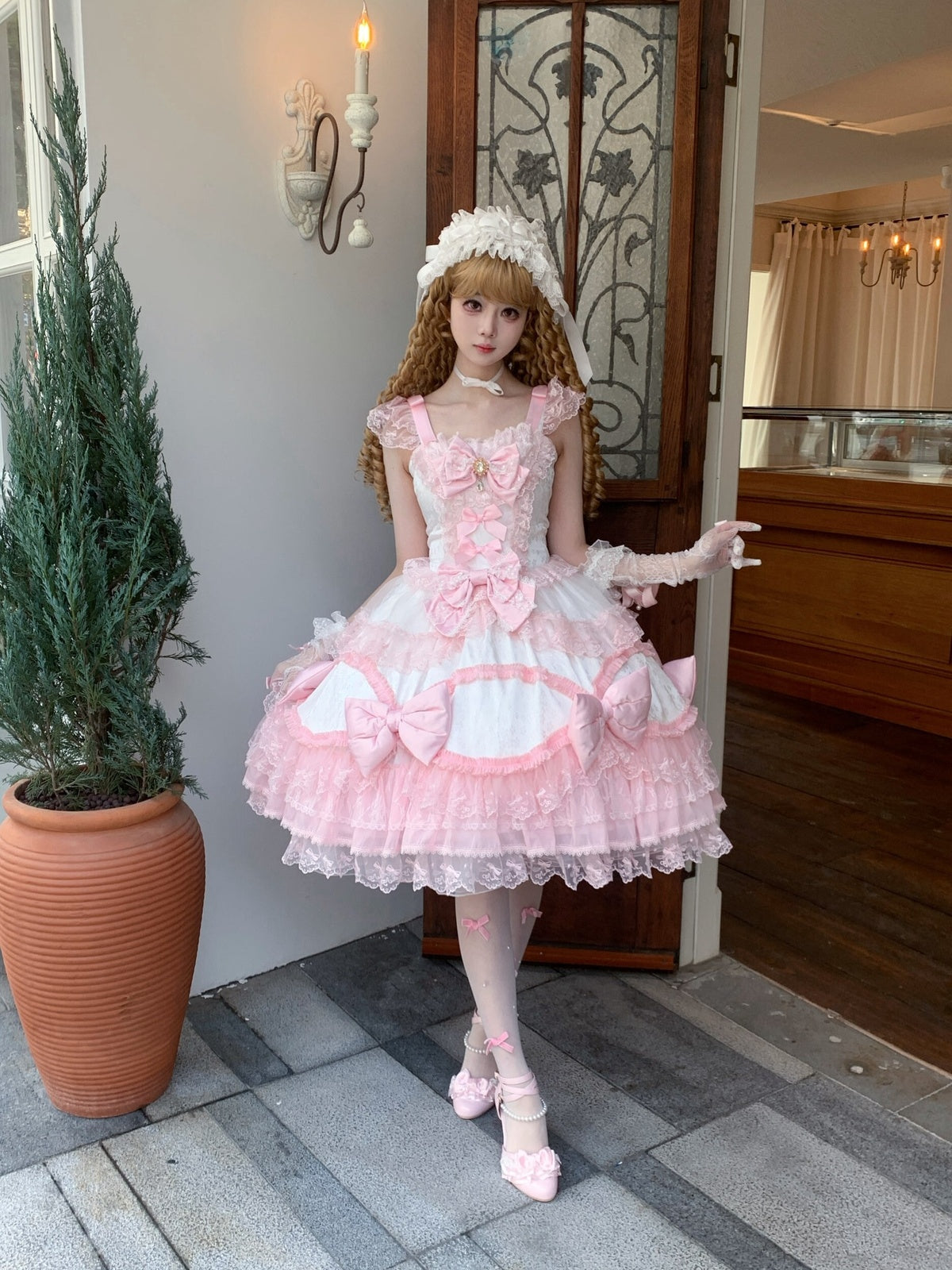 Pink & White Lolita JSK Dress with Train & Headband Set