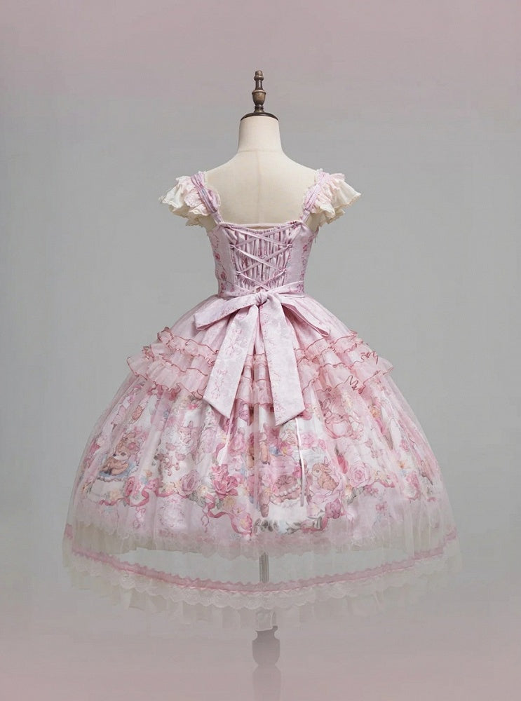 Pink Deer & Floral Print Flutter Sleeves Sweet Lolita JSK Dress with Overlay - Honey Machine | CoyBunny