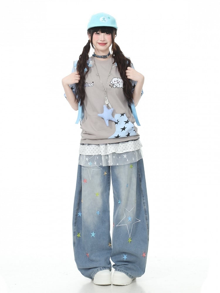 Gray Star Pattern Short Sleeve Top with Kitty Embroidery - Languid Park | CoyBunny