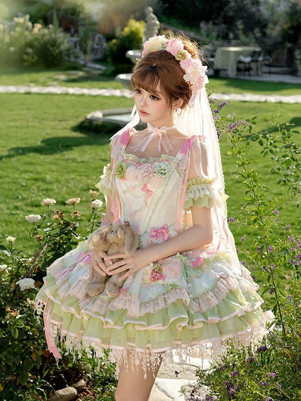 Sweet Lolita JSK Set with Floral Crown and Detachable Sleeves - Sweetheart Macaron Lolita | CoyBunny