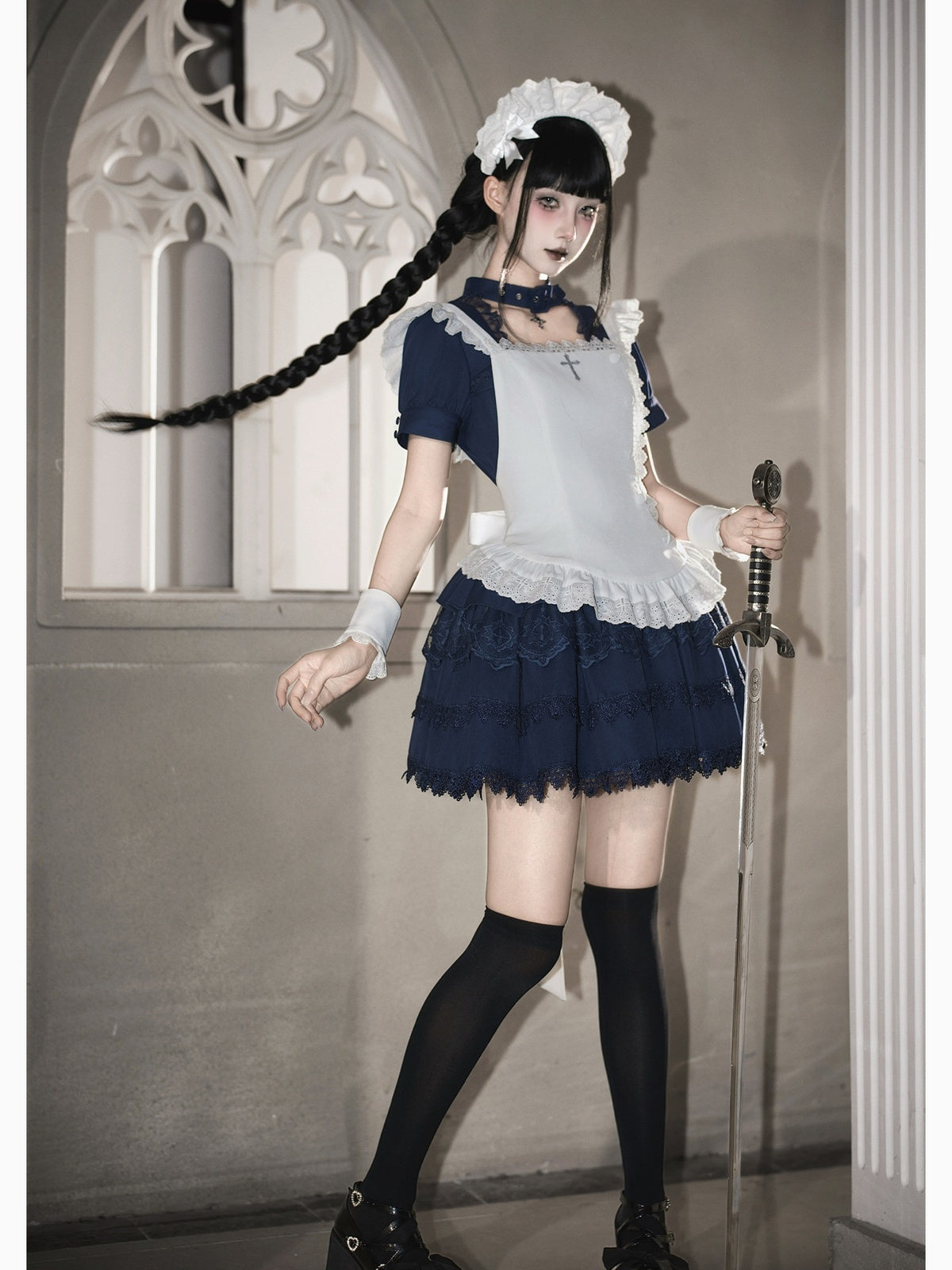 Navy Vintage Sweet Lolita Ultra Short OP Set with Apron