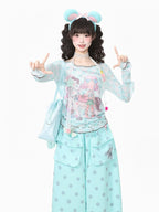 Cyan Breathable Mesh Long Sleeve Sun Protection Tee with Cartoon - Languid Park | CoyBunny