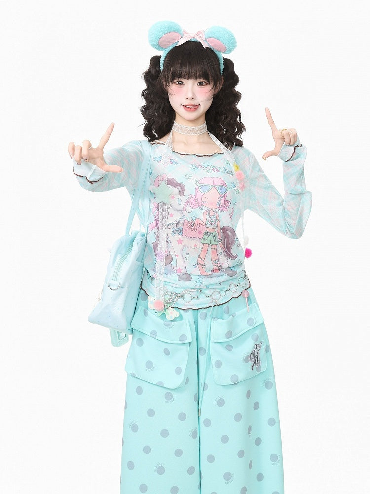 Cyan Breathable Mesh Long Sleeve Sun Protection Tee with Cartoon - Languid Park | CoyBunny