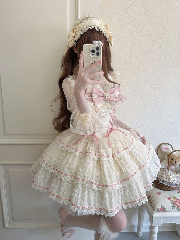 Apricot Lace-up Lolita JSK Dress with Bead Chain Bow - Miss Han | CoyBunny