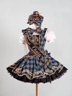 Green Idol Lolita Plaid JSK Dress with Golden Bear Embroidery and Black Scalloped Hem - LiLi Chain | CoyBunny