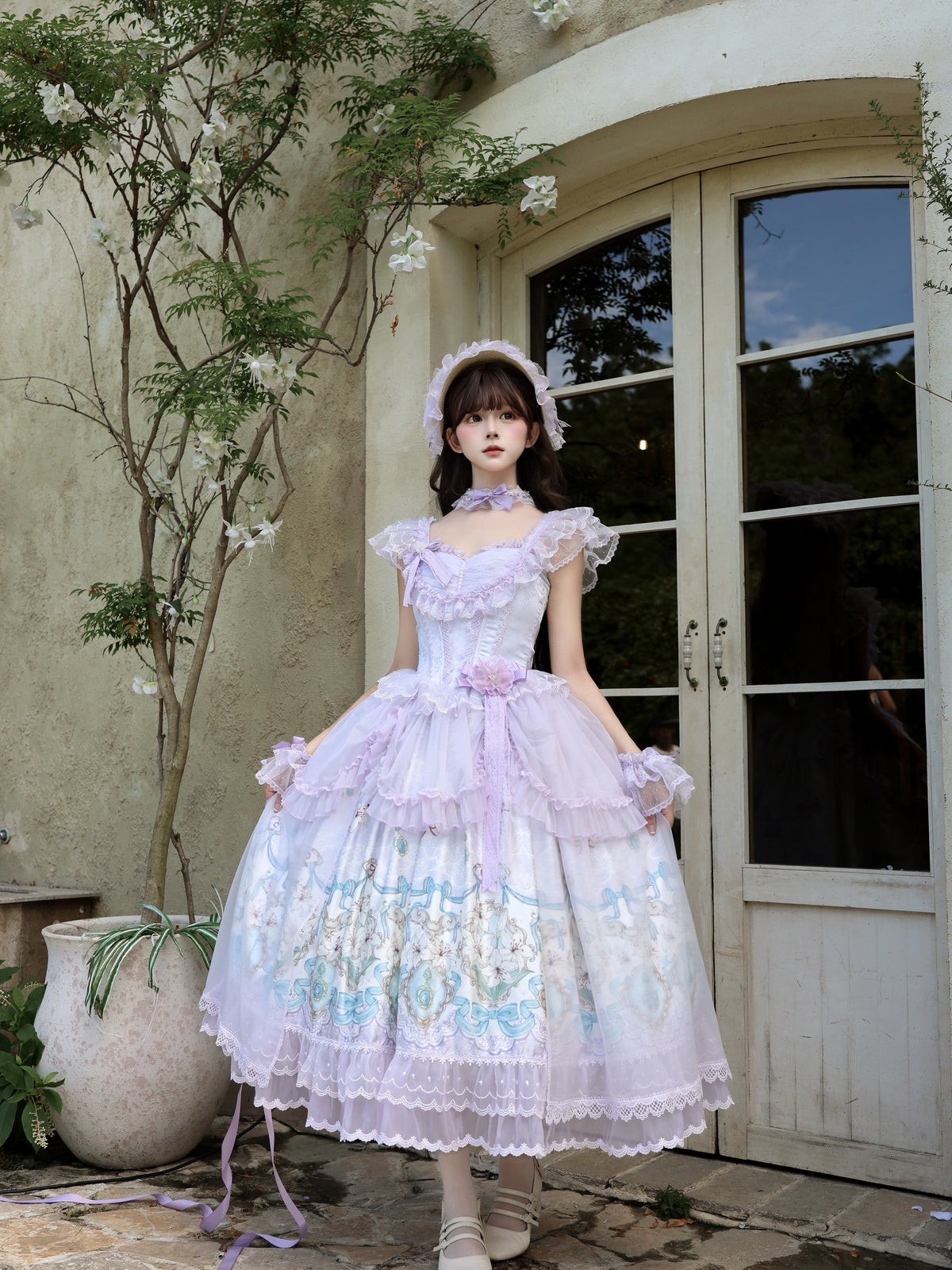 Sweet Mint Purple Lolita JSK Dress Lace Ruffle Floral Print Princess Jumper Skirt