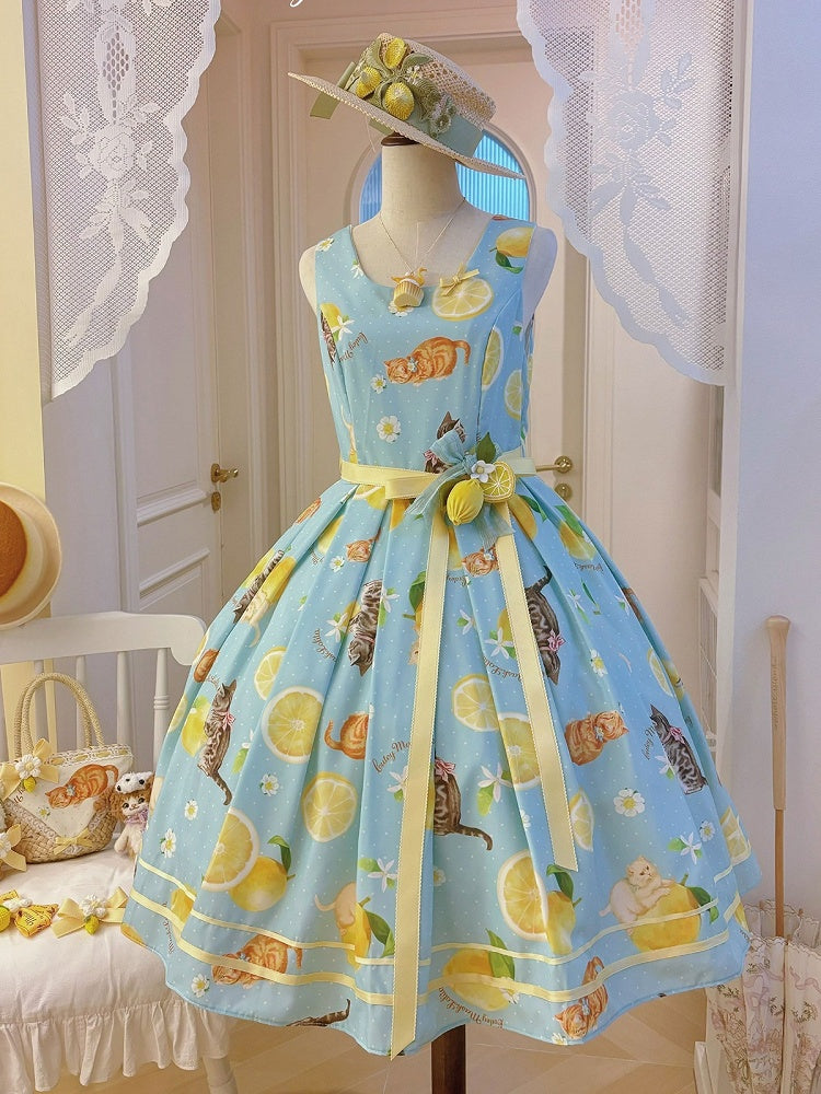 Blue Sweet Lolita Floral Print Jumper Dress with Cat Motif - Cutey Mask | CoyBunny