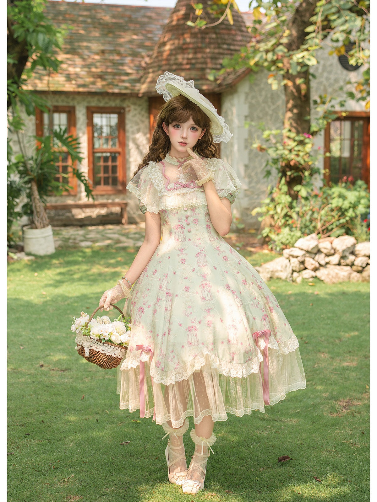 Petal Hem Lolita OP Set with Belt, Hat & Flower