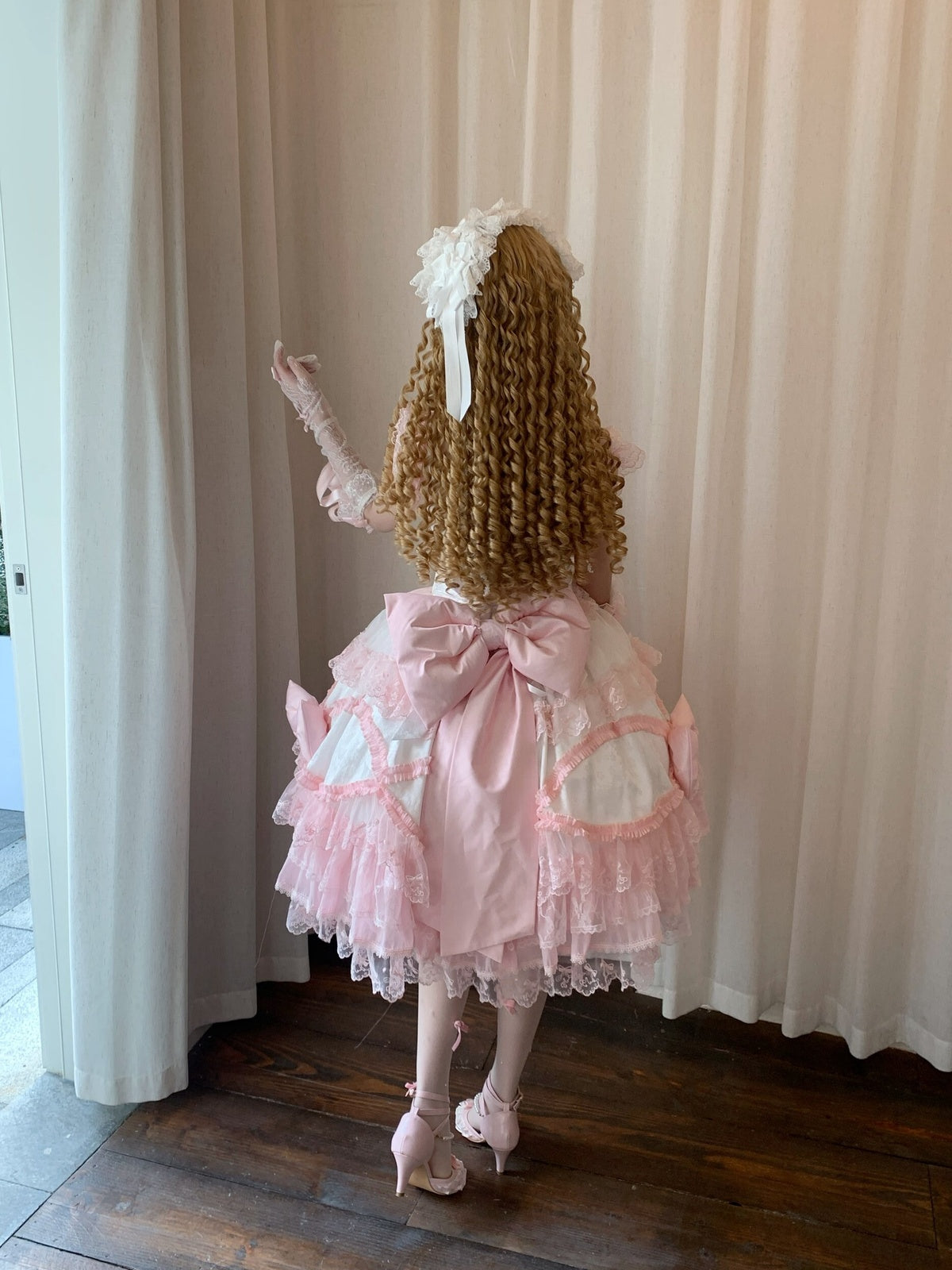 Pink & White Lolita JSK Dress with Train & Headband Set