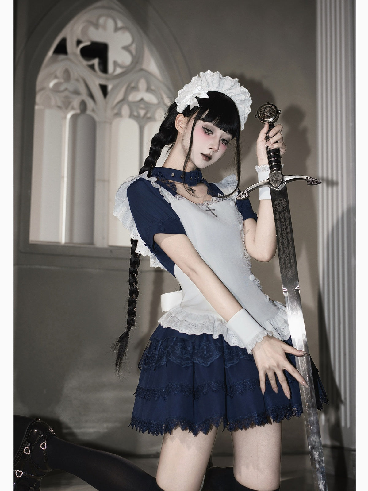 Navy Vintage Sweet Lolita Ultra Short OP Set with Apron