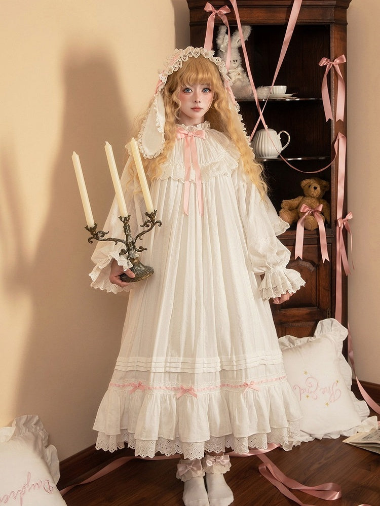 White & Pink Lace Lolita Dress with Bow - Tan Tuan | CoyBunny