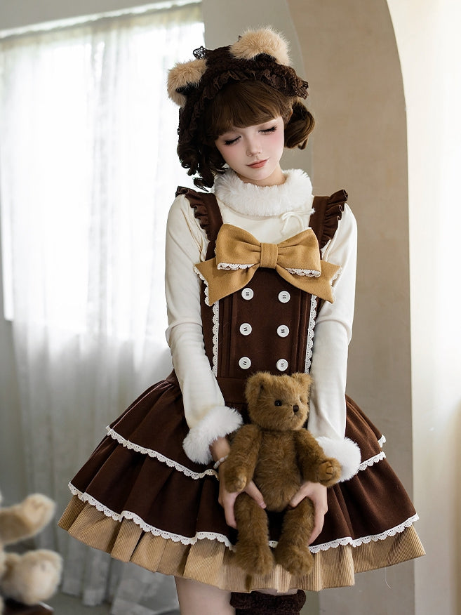 Sweet Lolita Overall Dress in Coffee with Dropped Waist Bow and Tiered Hem - With PUJI | CoyBunny