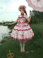 Pink Cherry Cake Print Sweet Lolita Dress with Layered Ruffles - Strawberry Fantasy | CoyBunny