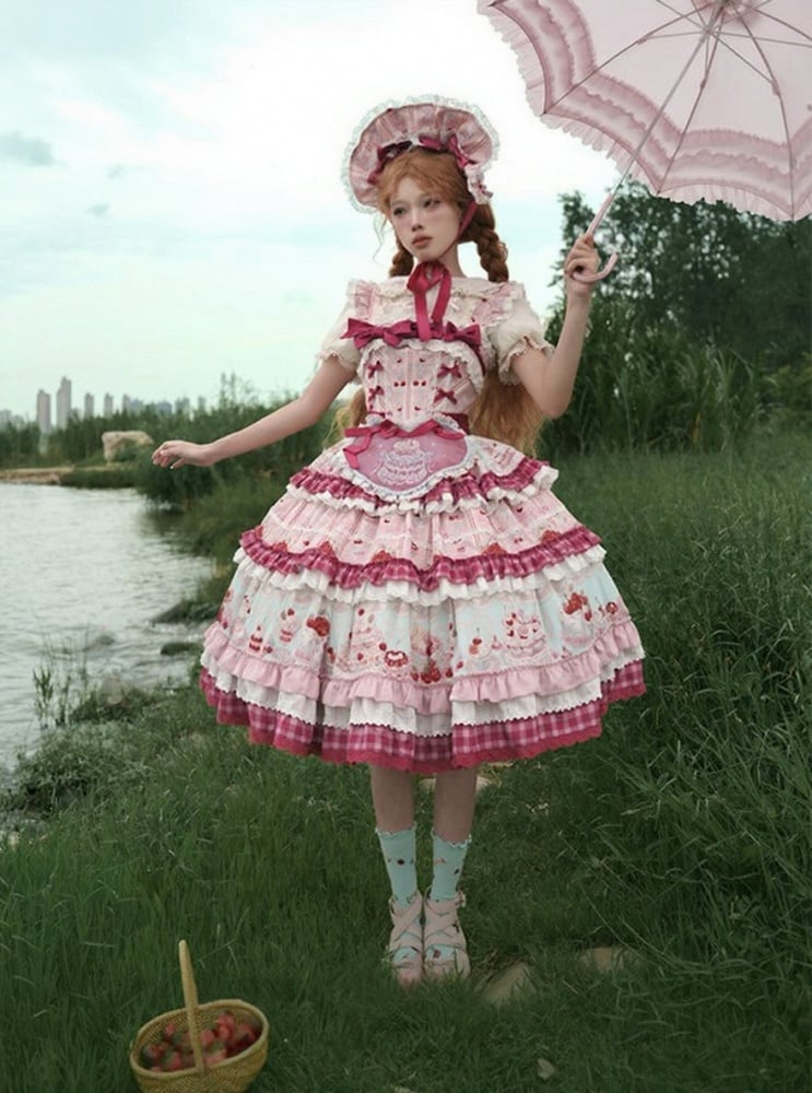 Pink Cherry Cake Print Sweet Lolita Dress with Layered Ruffles - Strawberry Fantasy | CoyBunny