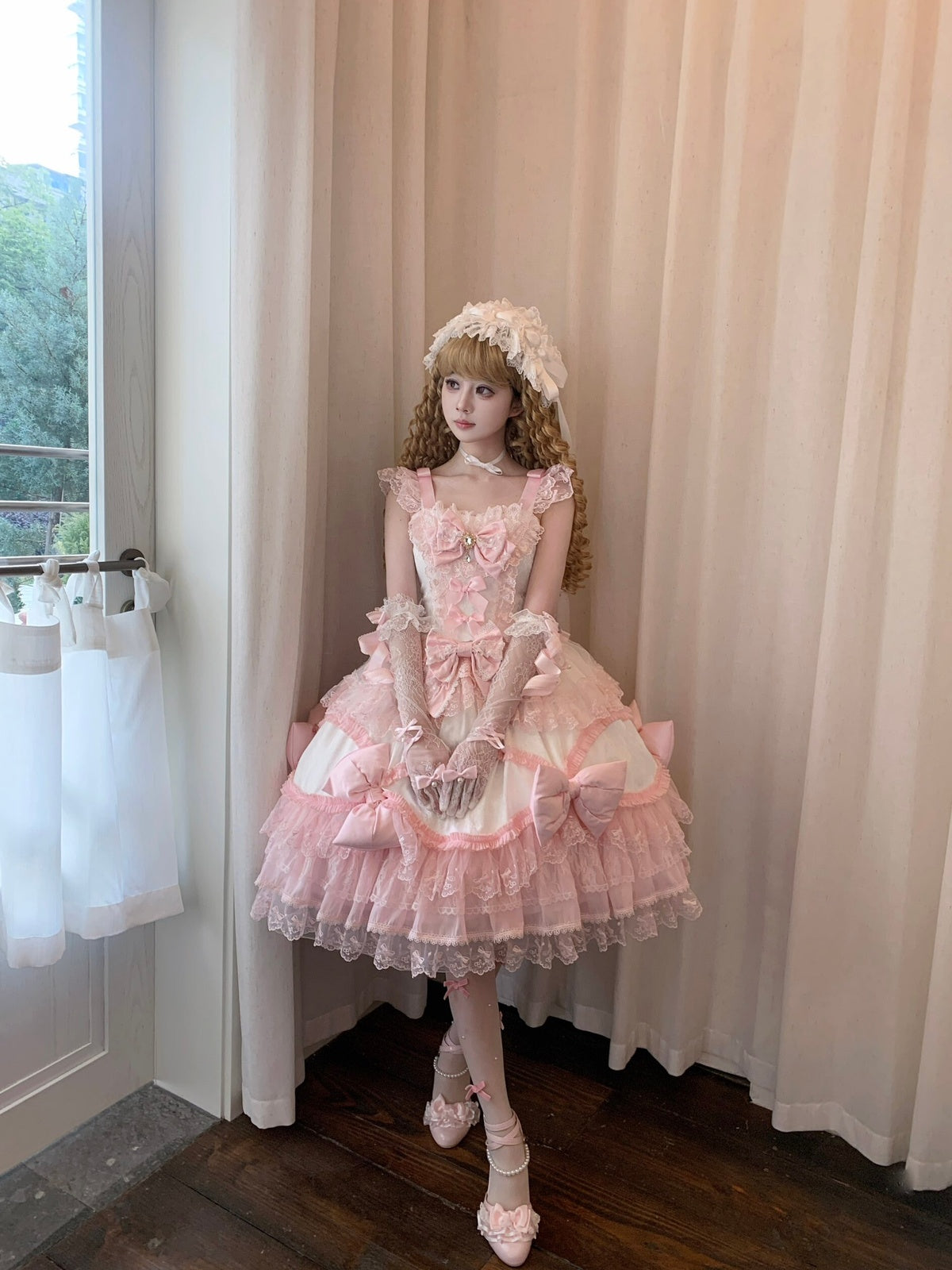 Pink & White Lolita JSK Dress with Train & Headband Set