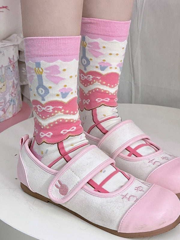 Sweet Lolita Striped Calf Socks with Bow Print | CoyBunny