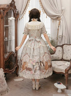 Green Cat Print Round Neck Sweet Lolita Dress with Lace Trim - NyaNya | CoyBunny