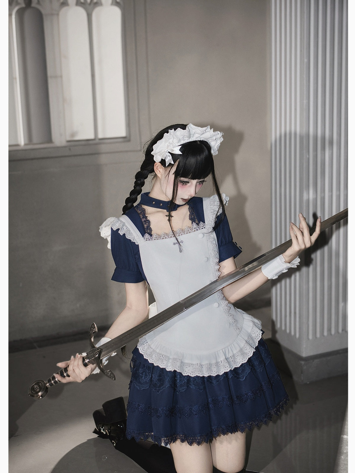 Navy Vintage Sweet Lolita Ultra Short OP Set with Apron