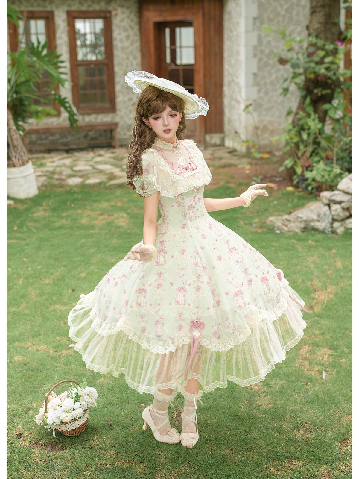 Petal Hem Lolita OP Set with Belt, Hat & Flower