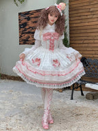 White and Pink Bowknot Details Tiered Skirt Sweet Lolita Dress Jumper Skirt | CoyBunny