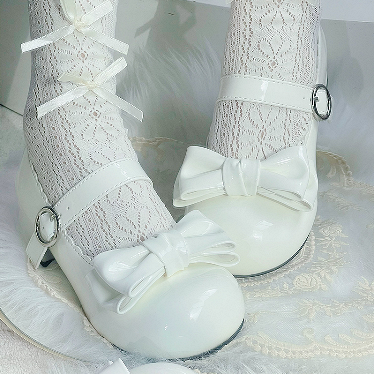 White Sweet Lolita Bow Block Heel Mary Janes by XIN MENG | CoyBunny