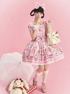 Cat Print Rose Sweet Lolita OP Dress with Removable Crisscross Halter Straps - Pastry Chef | CoyBunny