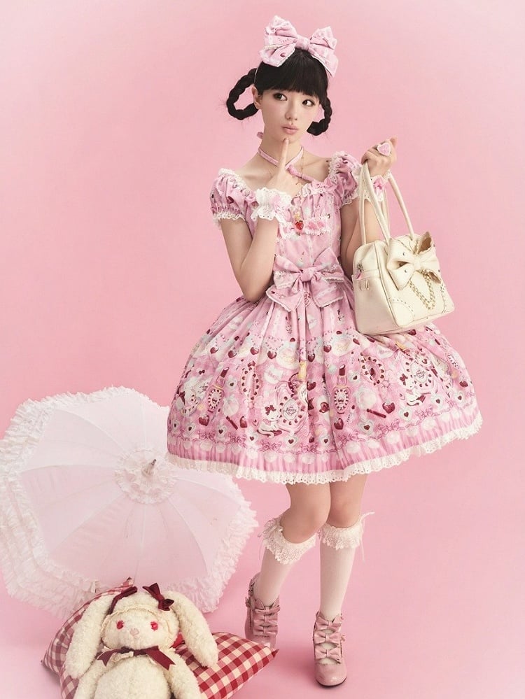 Cat Print Rose Sweet Lolita OP Dress with Removable Crisscross Halter Straps - Pastry Chef | CoyBunny