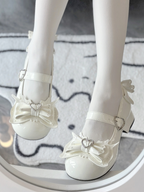 Sweet Lolita Milk White Bow Heart Buckle Strap Block Heel Mary Janes - XIN MENG | CoyBunny