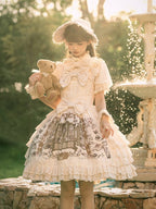 Beige and Brown Bunny Print Layered Ruffle Jumper Skirt with Bows - NnSTAR | CoyBunny
