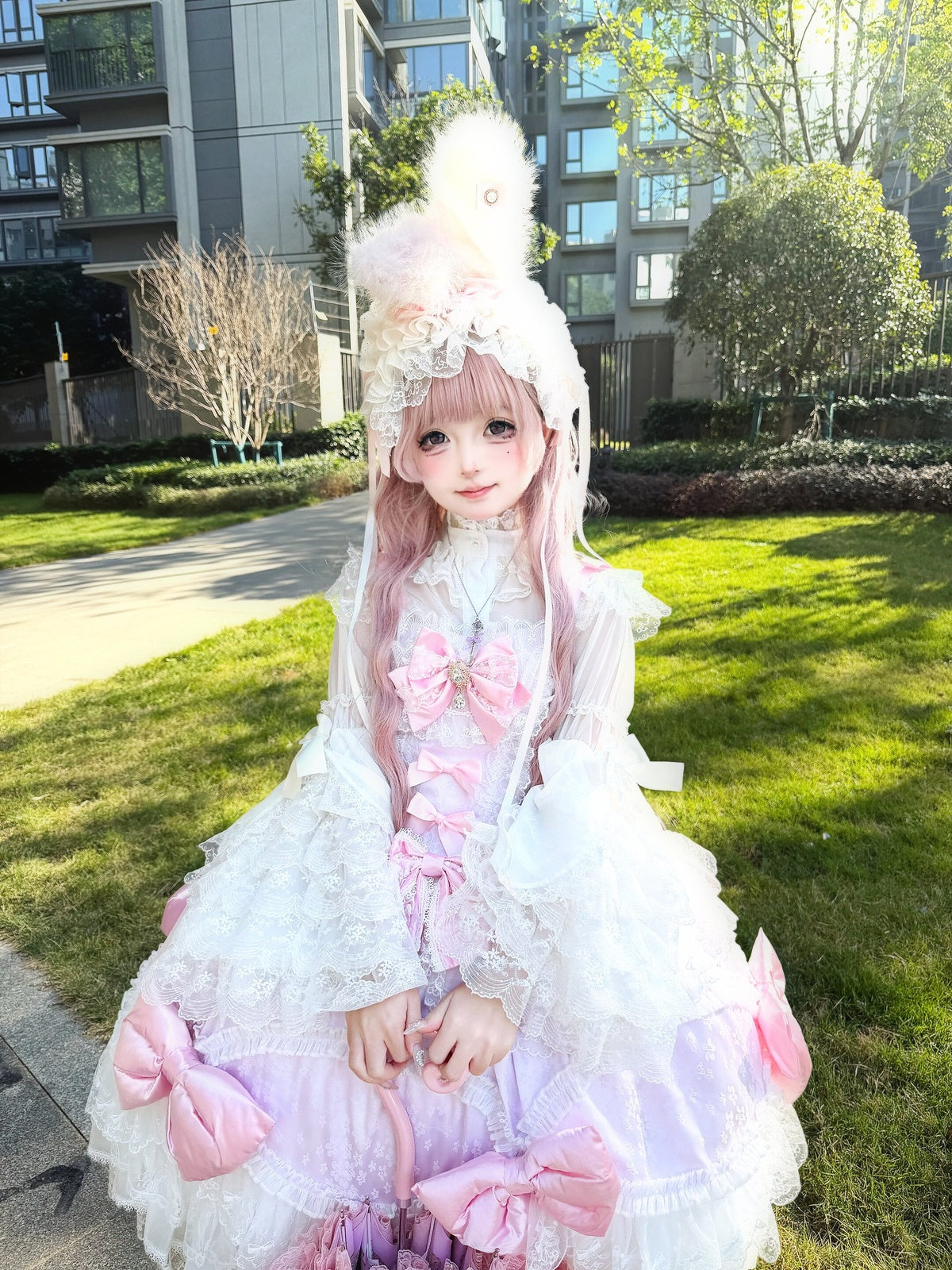 Pink-Purple Lolita JSK Suspender Dress with Train & Headband