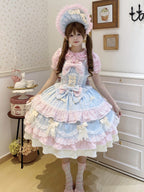 Cute Blue Pink Lolita JSK Dress Set with Bonnet | Sweet Gown