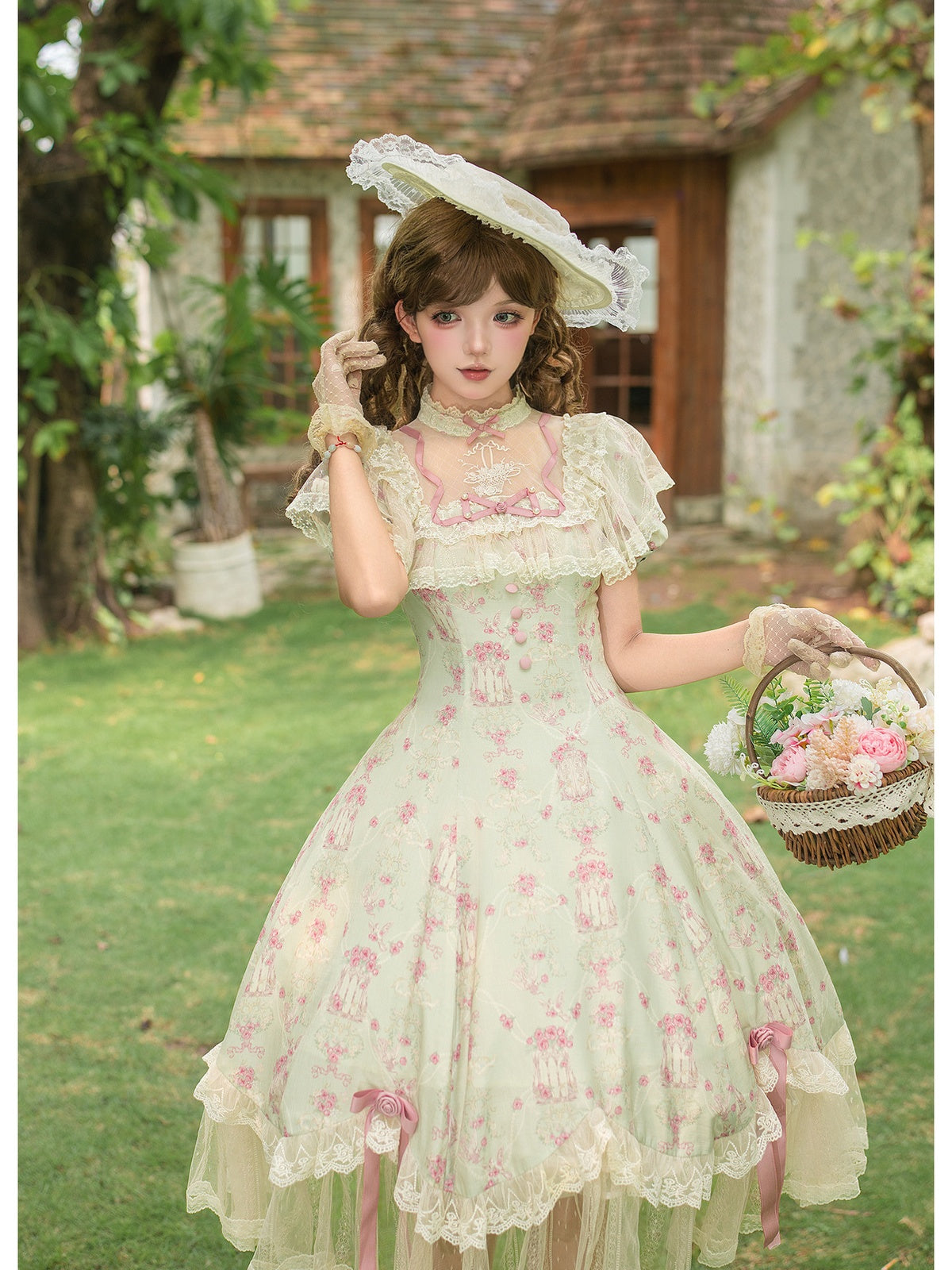 Petal Hem Lolita OP Set with Belt, Hat & Flower