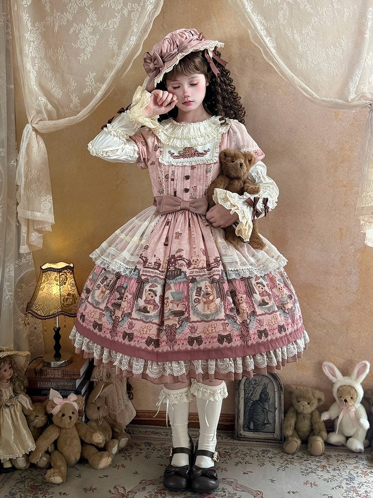Puppy Coffee Shop Print Pink Sweet Lolita OP Dress with Detachable Sleeves - Stars Fall on the Foggy Island | CoyBunny